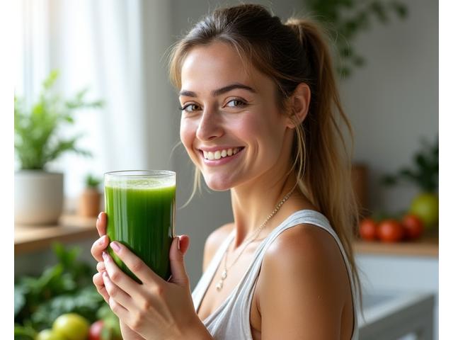 Femme souriante buvant un jus vert, entourée de fruits et légumes frais, symbolisant un mode de vie sain